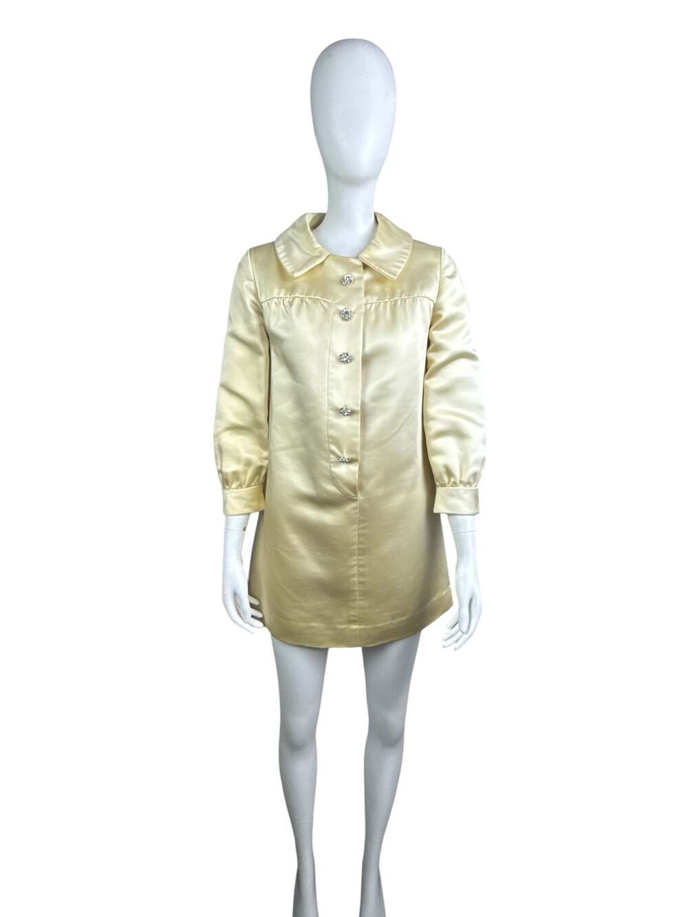 Vintage 1960s Pale Yellow Silk Satin Mod Mini Dress Jacket with Rhinestone Butto